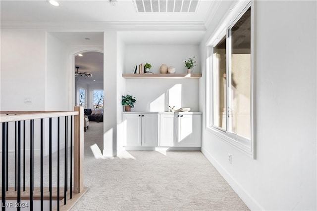 corridor with light carpet, crown molding, and a healthy amount of sunlight