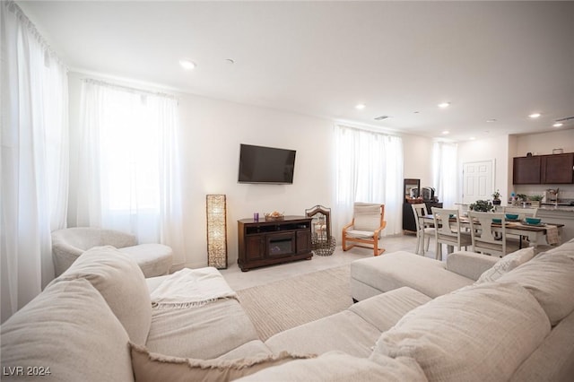 living room with a healthy amount of sunlight and light carpet