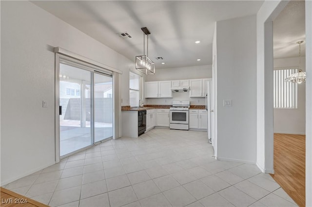 kitchen with light wood-type flooring, pendant lighting, dishwasher, white cabinets, and white stove