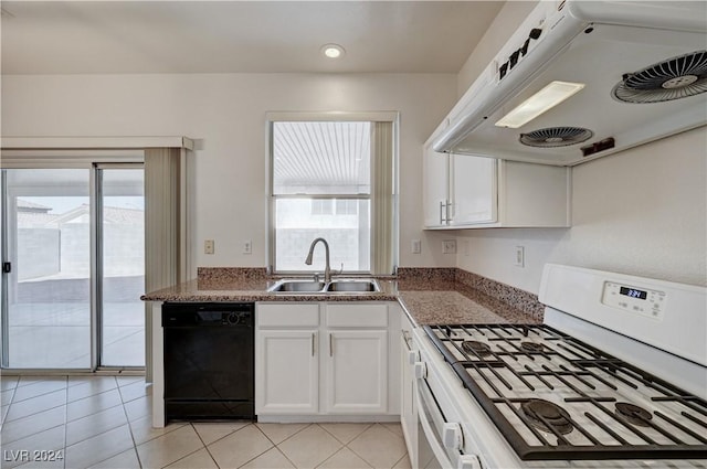 kitchen featuring dishwasher, white cabinets, white range, sink, and extractor fan