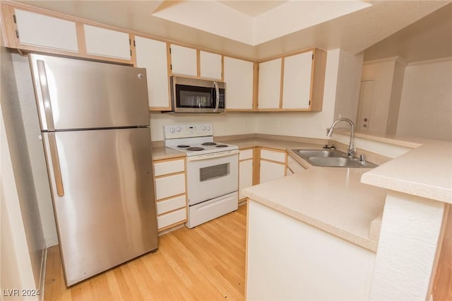 kitchen featuring sink, light hardwood / wood-style flooring, white cabinets, and appliances with stainless steel finishes