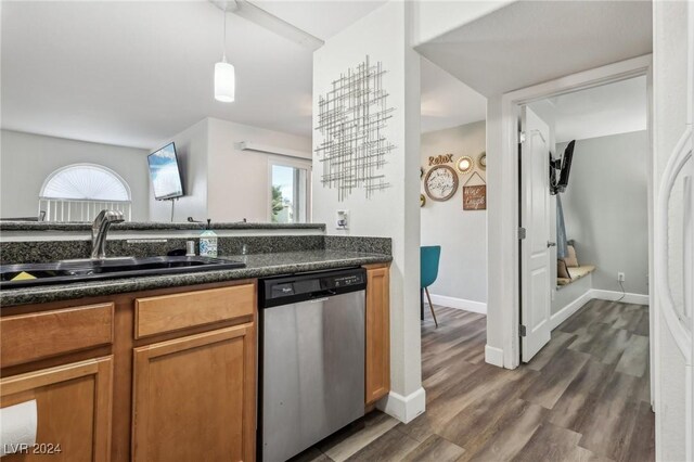 kitchen featuring stainless steel dishwasher, a wealth of natural light, dark wood-type flooring, and sink