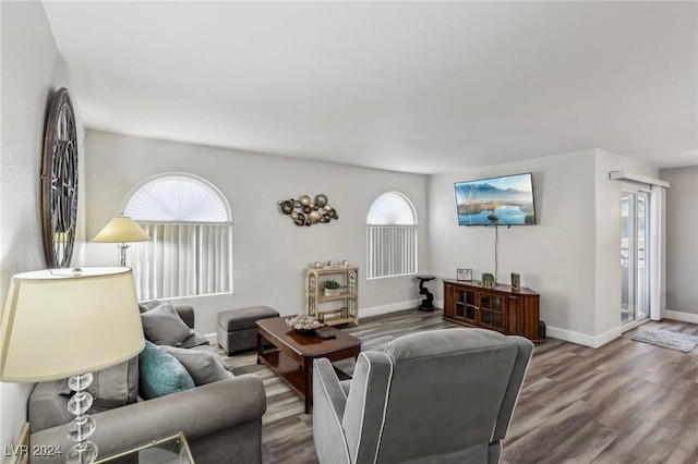 living room with baseboards and wood finished floors