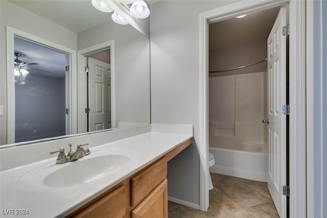 full bathroom featuring vanity, bathtub / shower combination, tile patterned floors, ceiling fan, and toilet