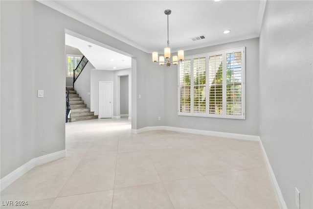 tiled spare room featuring a notable chandelier, plenty of natural light, and crown molding