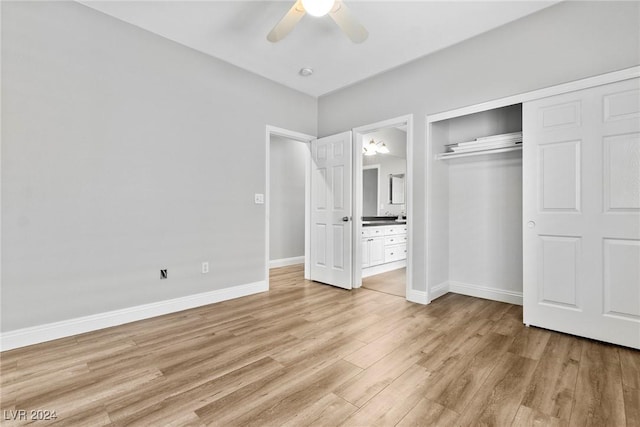 unfurnished bedroom with connected bathroom, ceiling fan, a closet, and light hardwood / wood-style floors