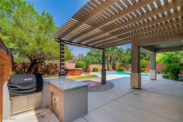 view of patio featuring area for grilling, a swimming pool with hot tub, and a pergola