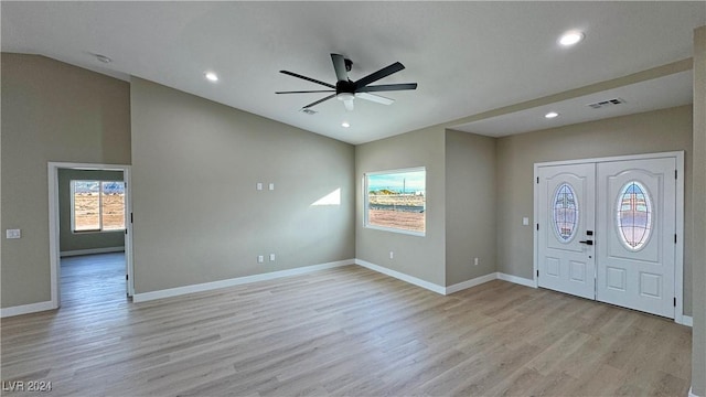 foyer featuring ceiling fan and light wood-type flooring