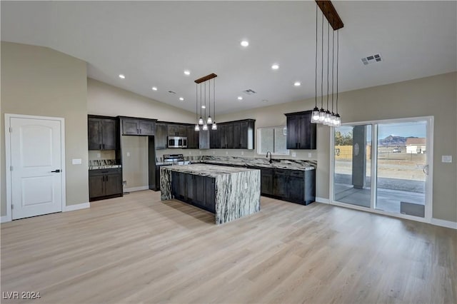 kitchen with light wood-type flooring, decorative light fixtures, a center island, and stainless steel appliances