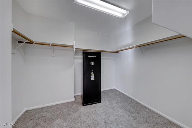 walk in closet with light carpet