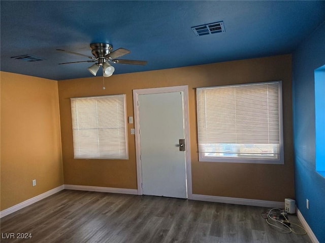 foyer featuring ceiling fan and wood-type flooring