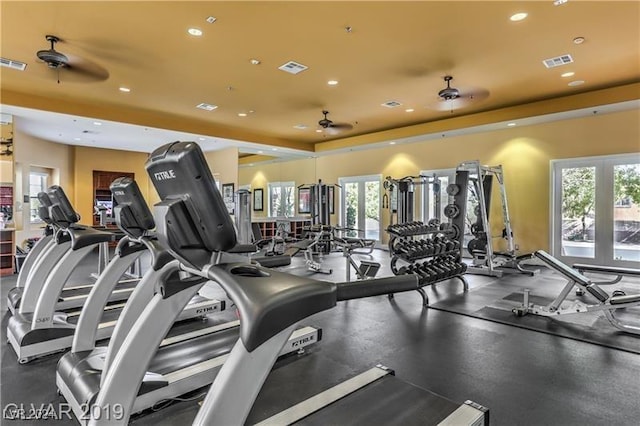 exercise room with a wealth of natural light and ceiling fan