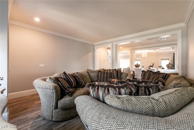 living room with hardwood / wood-style floors and ornamental molding