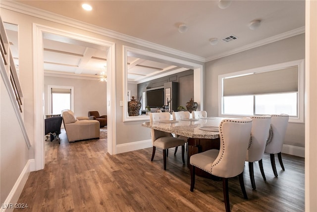 dining room featuring a wealth of natural light, dark hardwood / wood-style floors, coffered ceiling, and ornamental molding