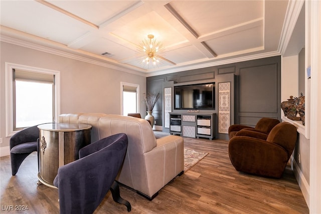 living room with a chandelier, wood-type flooring, coffered ceiling, and ornamental molding