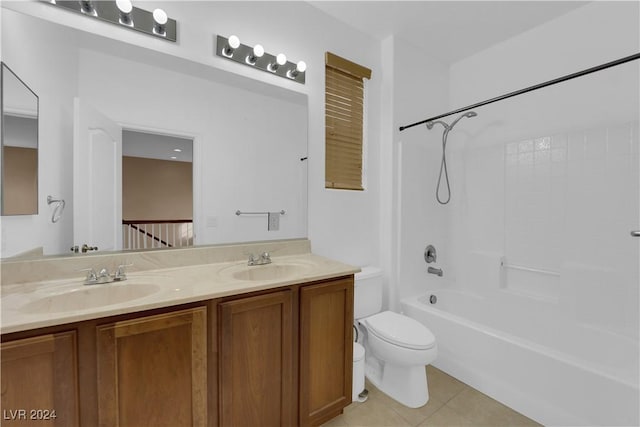 full bathroom with shower / washtub combination, tile patterned flooring, vanity, and toilet