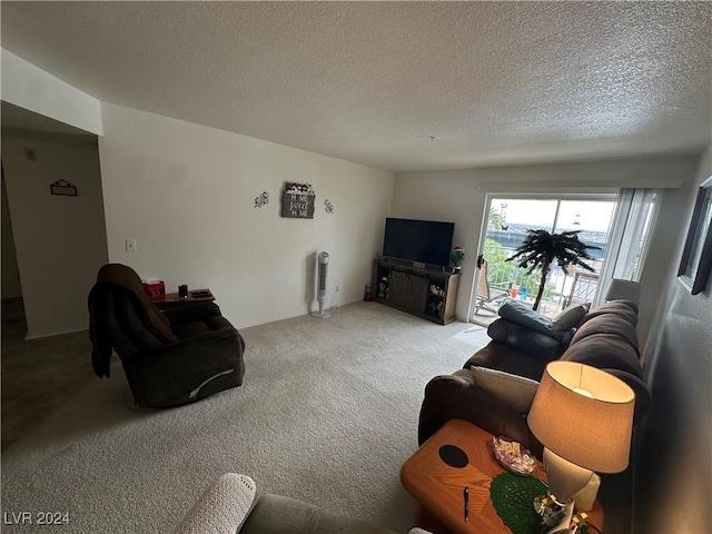 carpeted living room featuring a textured ceiling