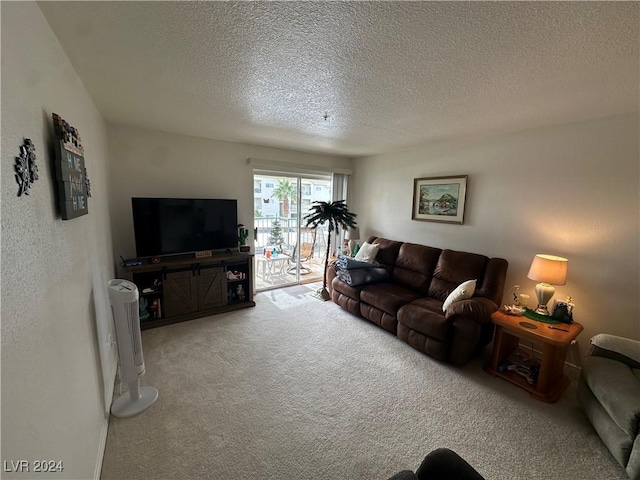 carpeted living room featuring a textured ceiling