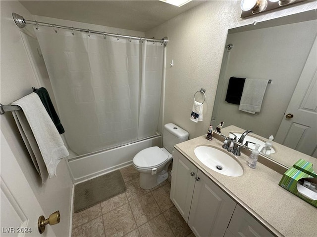 full bathroom with shower / bath combination with curtain, toilet, and vanity