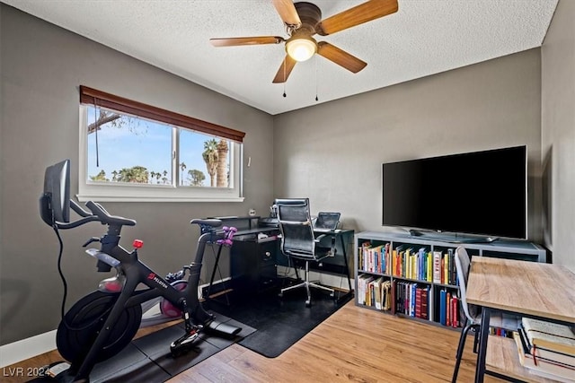 office space featuring ceiling fan, wood-type flooring, and a textured ceiling