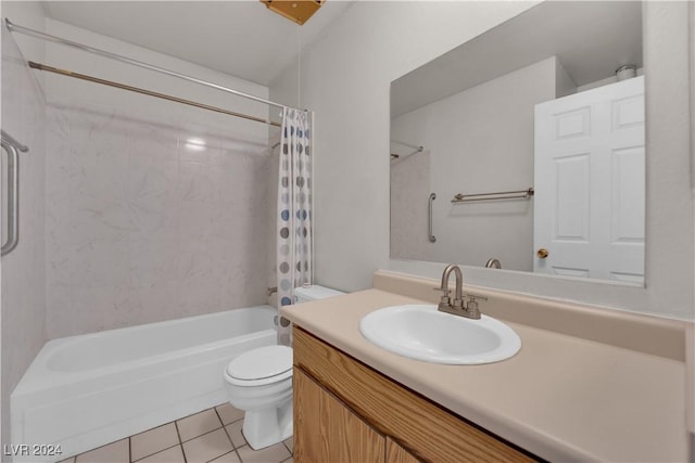 full bathroom featuring toilet, shower / bath combination with curtain, vanity, and tile patterned floors