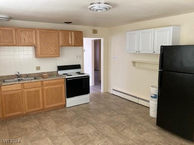 kitchen with white range with electric stovetop, black refrigerator, sink, and a baseboard radiator