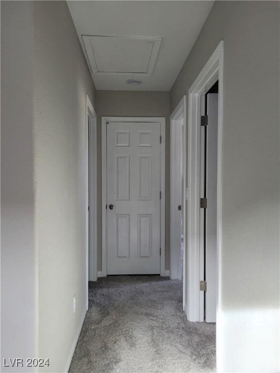 hallway featuring light colored carpet