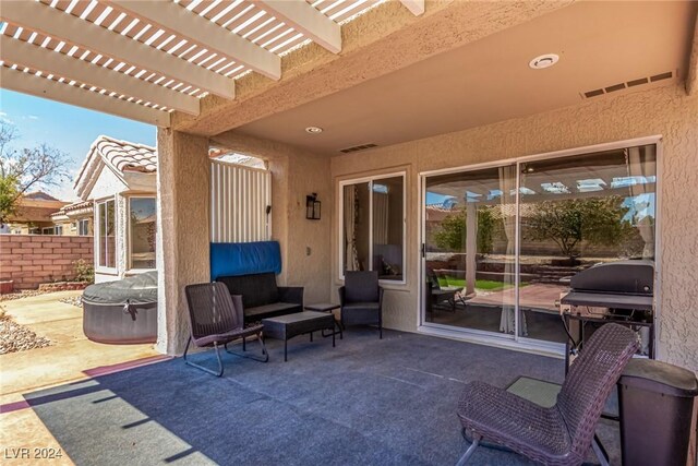 8705 Villa Ridge Dr, Las Vegas, NV 89134 - view of patio featuring a pergola, a grill, outdoor lounge area, and a hot tub