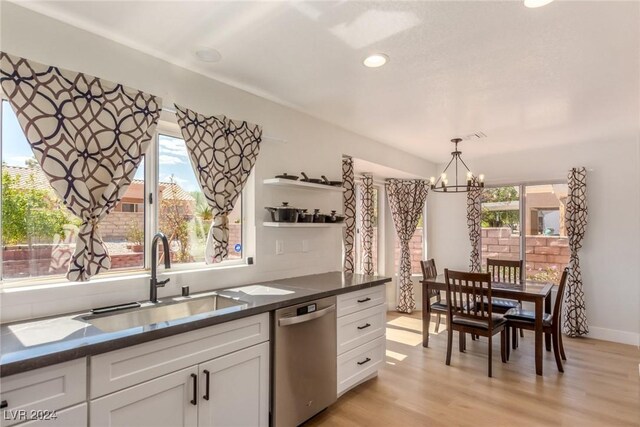 8705 Villa Ridge Dr, Las Vegas, NV 89134 - kitchen featuring dishwasher, open shelves, plenty of natural light, a chandelier, and recessed lighting