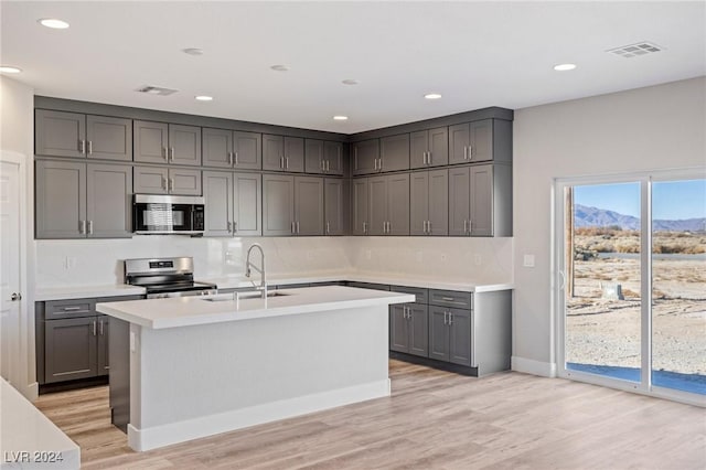 kitchen featuring gray cabinetry, a kitchen island with sink, sink, light wood-type flooring, and stainless steel appliances