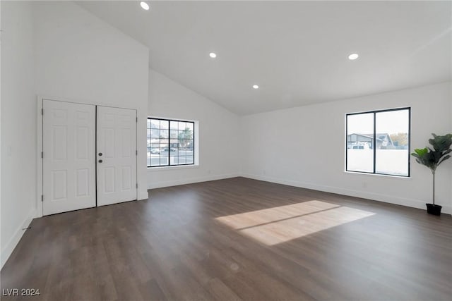 interior space with high vaulted ceiling, a healthy amount of sunlight, and dark wood-type flooring