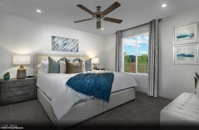 bedroom featuring carpet flooring and ceiling fan