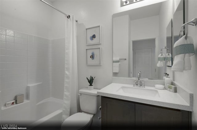 full bathroom with vanity, toilet, and shower / bathtub combination with curtain