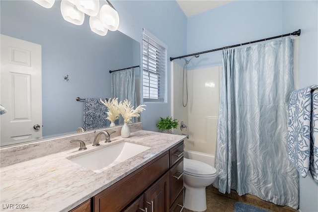 full bathroom with tile patterned flooring, toilet, vanity, and shower / bath combination with curtain