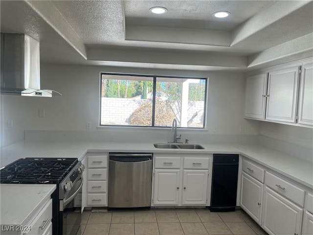 kitchen with appliances with stainless steel finishes, a raised ceiling, a sink, and wall chimney exhaust hood