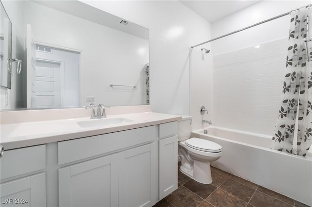 full bathroom with vanity, toilet, and shower / bathtub combination with curtain