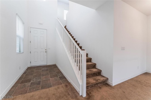 stairs featuring carpet floors and a towering ceiling