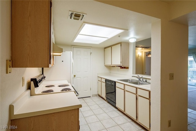 kitchen with black dishwasher, sink, white refrigerator, light tile patterned floors, and electric range