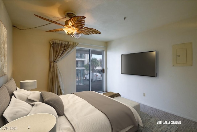 bedroom featuring ceiling fan, carpet flooring, electric panel, and access to outside