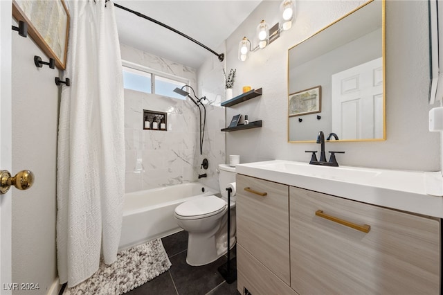 full bathroom with tile patterned flooring, shower / bath combo, toilet, and vanity