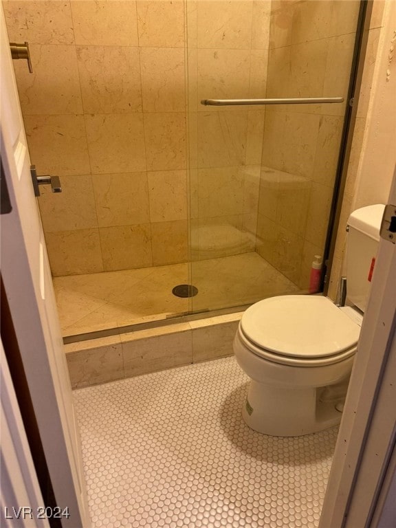 bathroom featuring tile patterned floors, an enclosed shower, and toilet