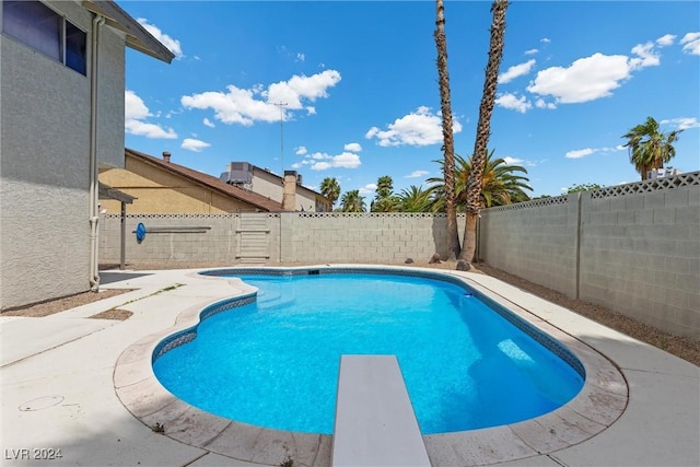 view of swimming pool with a diving board