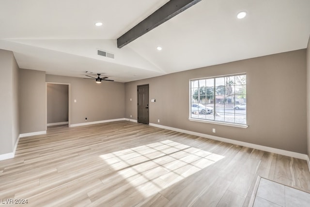 unfurnished room with vaulted ceiling with beams, ceiling fan, and light wood-type flooring