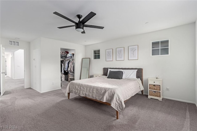 bedroom featuring carpet, a walk in closet, a closet, and ceiling fan