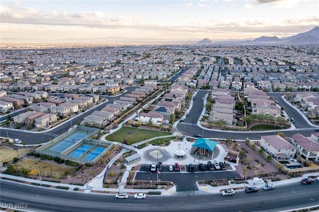 aerial view at dusk with a mountain view