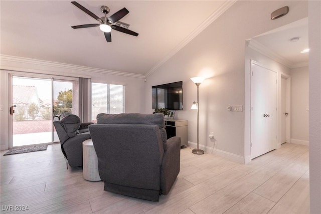 living room with baseboards, lofted ceiling, light wood-style flooring, ceiling fan, and crown molding