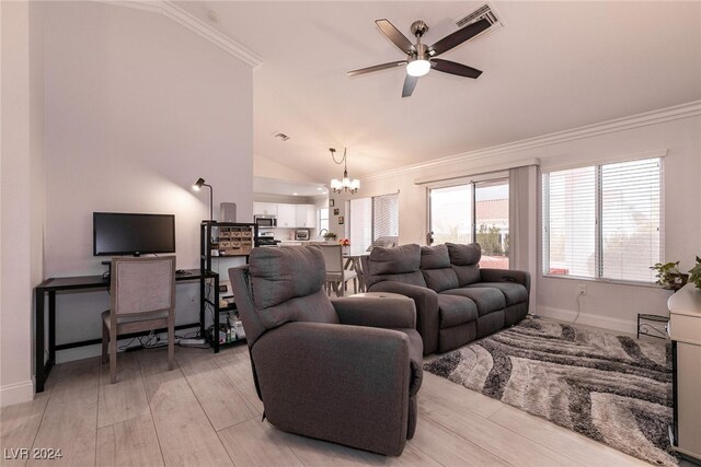 living room featuring ceiling fan with notable chandelier, light wood-type flooring, crown molding, and lofted ceiling