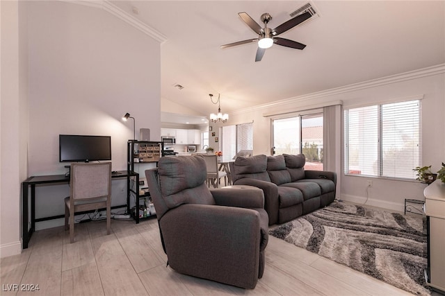 living room featuring lofted ceiling, ornamental molding, and light wood-type flooring