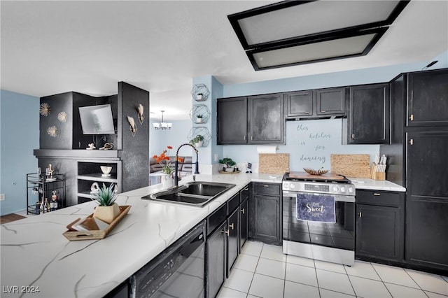 kitchen with sink, light tile patterned floors, black dishwasher, a notable chandelier, and stainless steel range oven