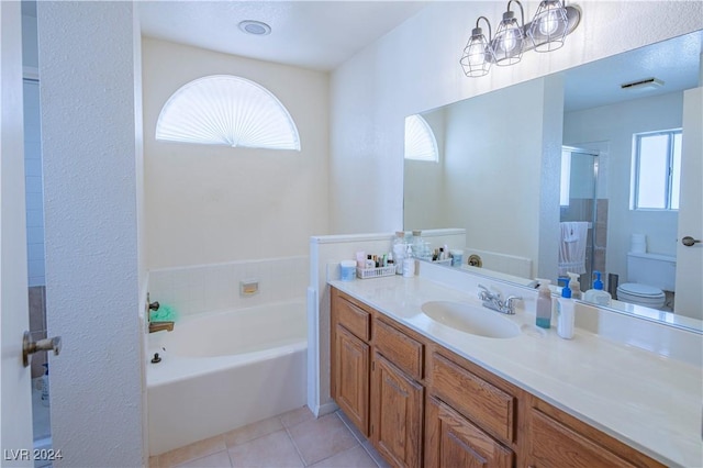 full bathroom featuring tile patterned floors, vanity, toilet, and plus walk in shower